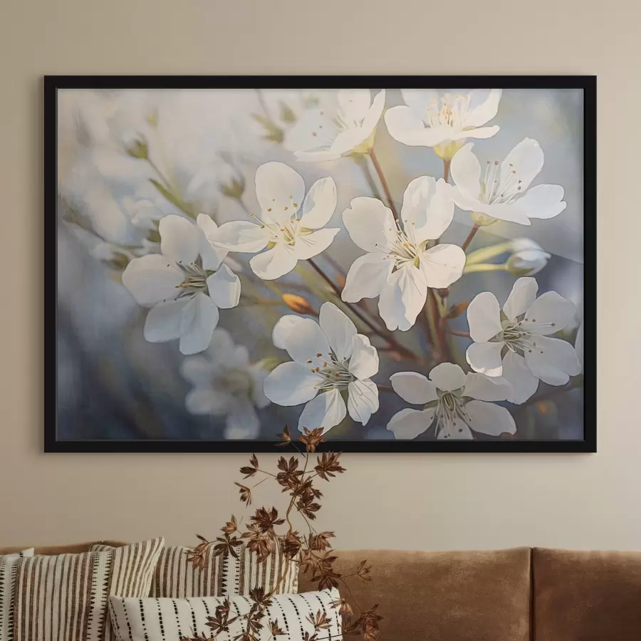 fototapet Flori de cireș cu textură albă în stil acuarelă, petale delicate, sezonul de primăvară f44859