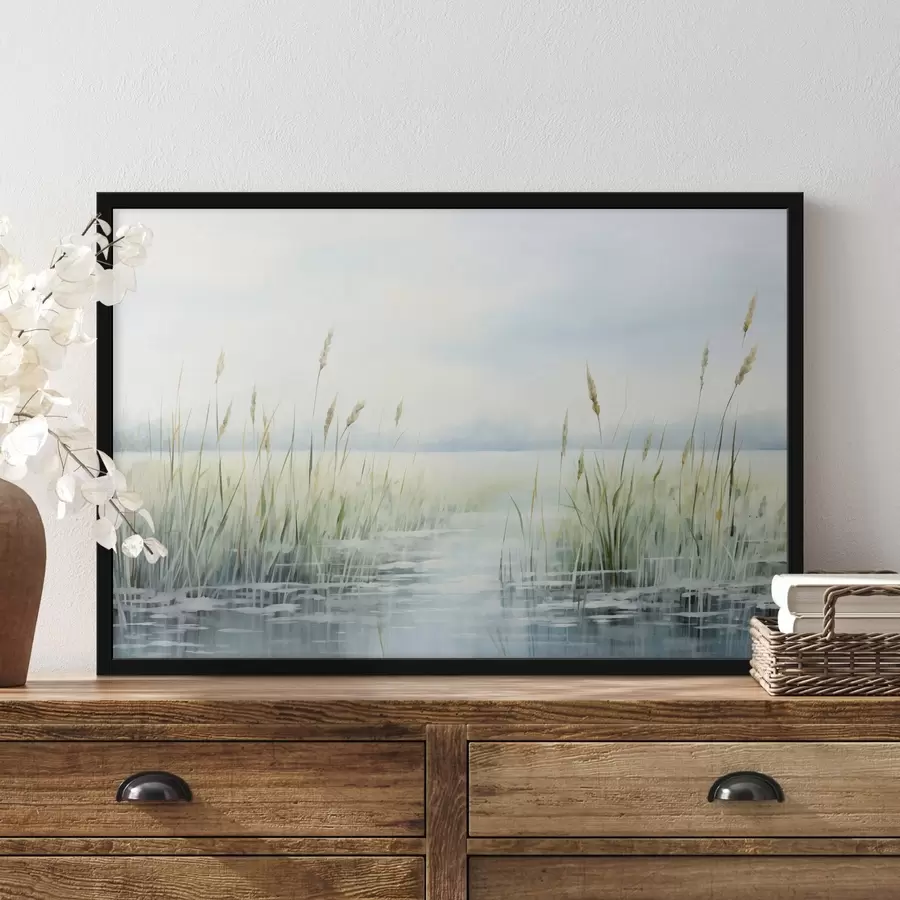 fototapet O imitație de pictură acuarelă de iarbă înaltă în creștere lângă apă, cer acoperit de nori și fundal neclar f44860