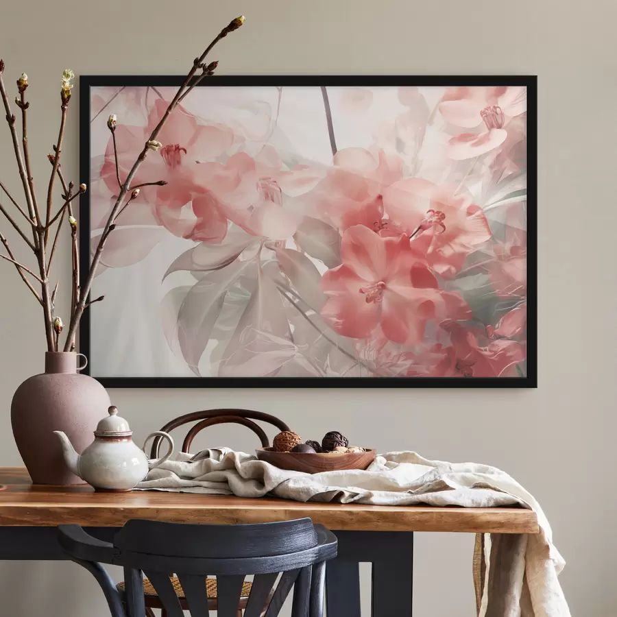 fototapet Flori tropicale roz vibrante cu frunze verzi moi, creând o textură delicată de vis f44861