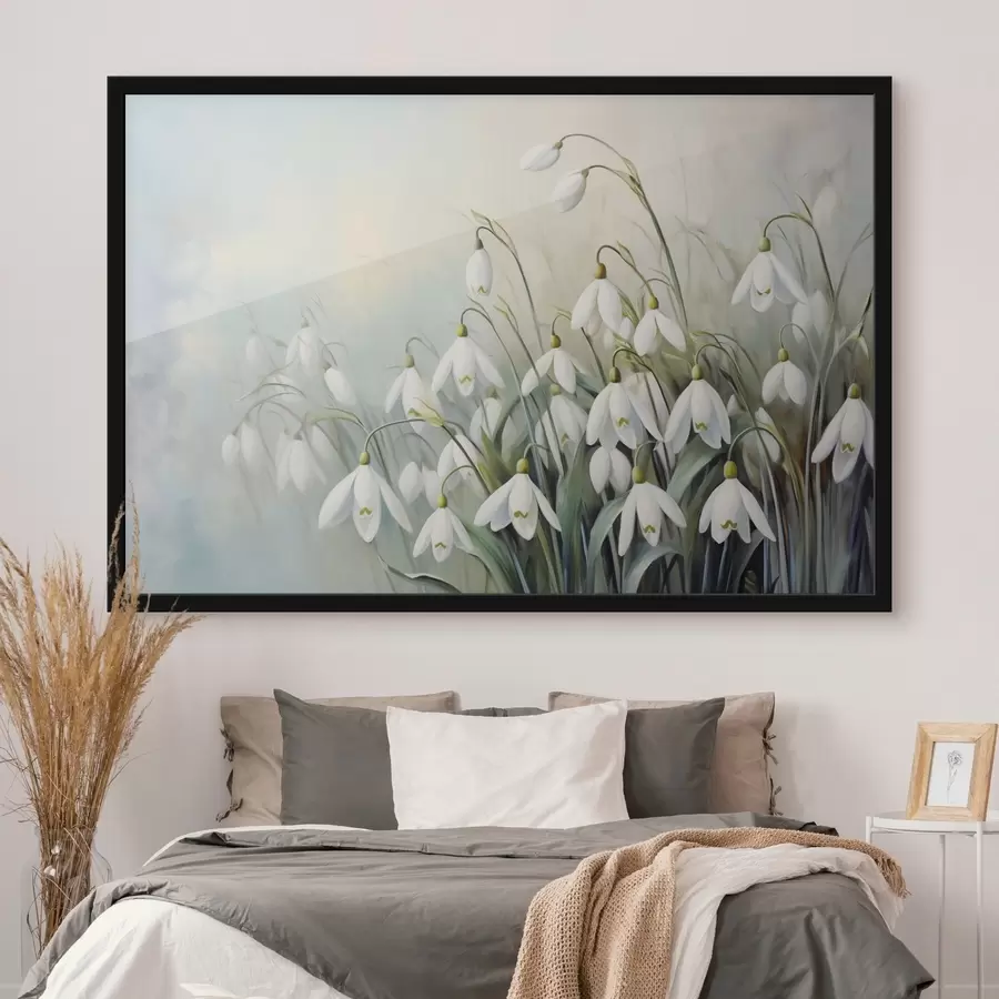 fototapet Flori albe de ninsoare cu tulpini și frunze albastre și verzi, tușe moi, fundal neclar f44864