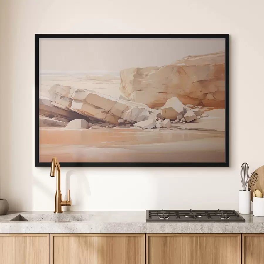 Tablouri Peisaj minimalist de plajă stâncoasă cu bolovani mari maro deschis și apă limpede f44865