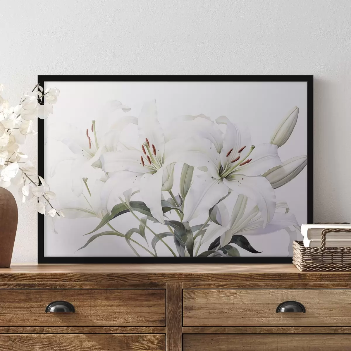 Poster Un buchet de crini albi cu frunze verzi, petale delicate și fundal alb moale f44868