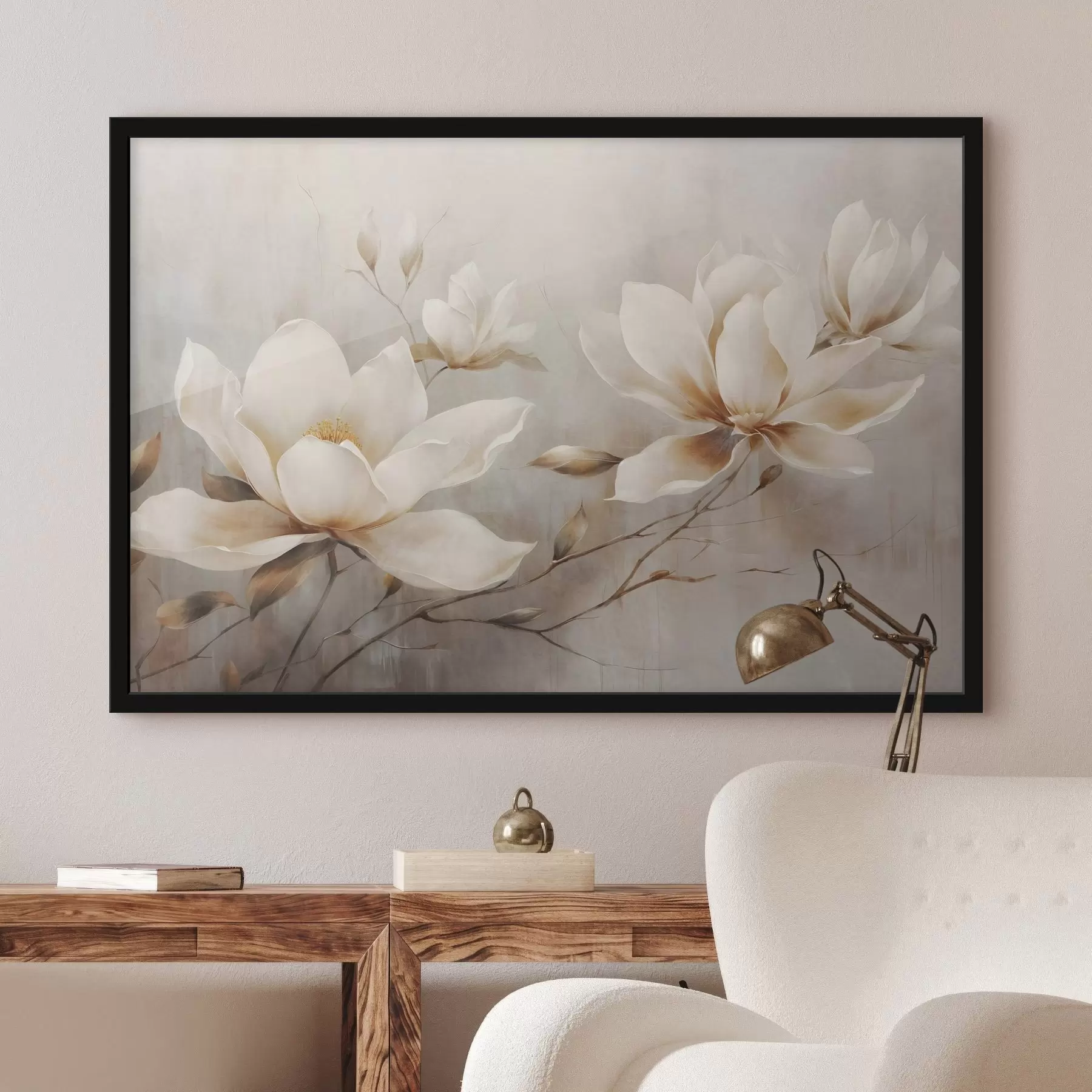 fototapet Flori de magnolie albe de epocă texturate pe ramuri pe un fundal maro deschis f44869
