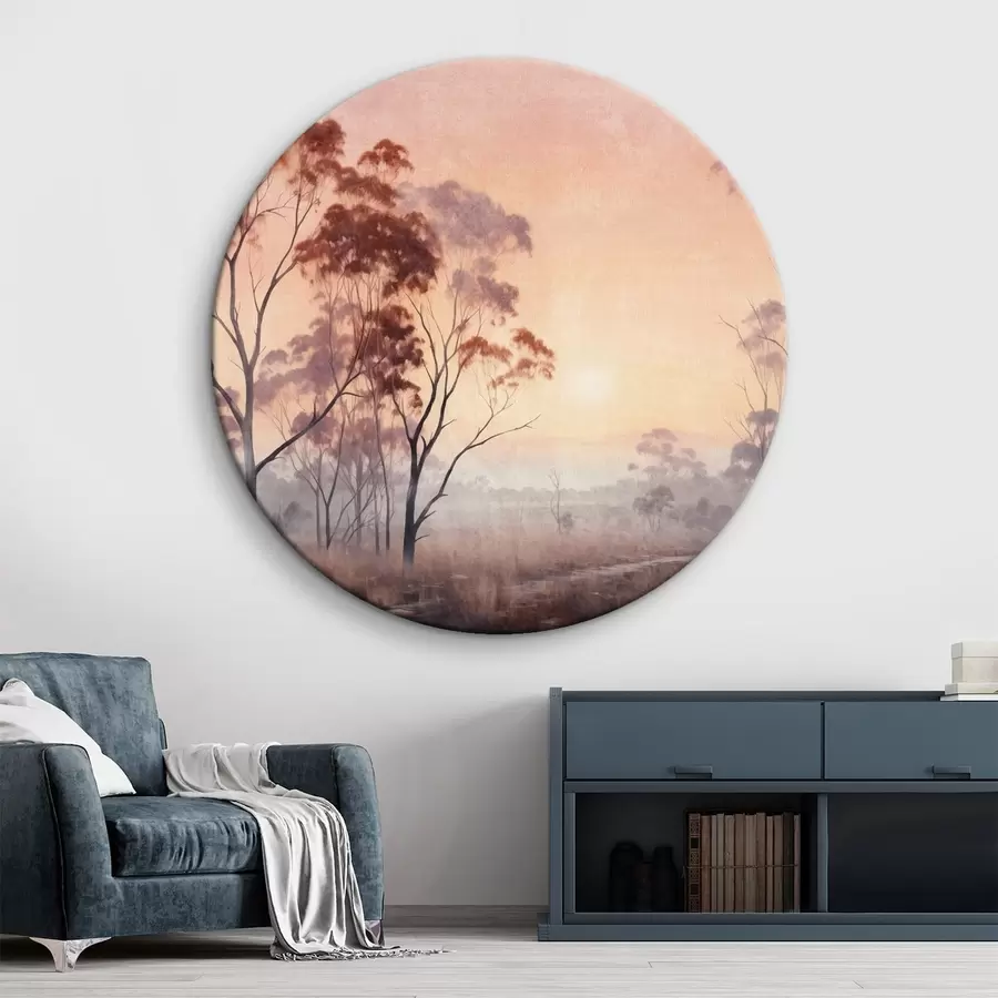 Tablouri O pictură peisagistică a unui câmp cu iarbă înaltă și copaci, soarele este în fundal r44854