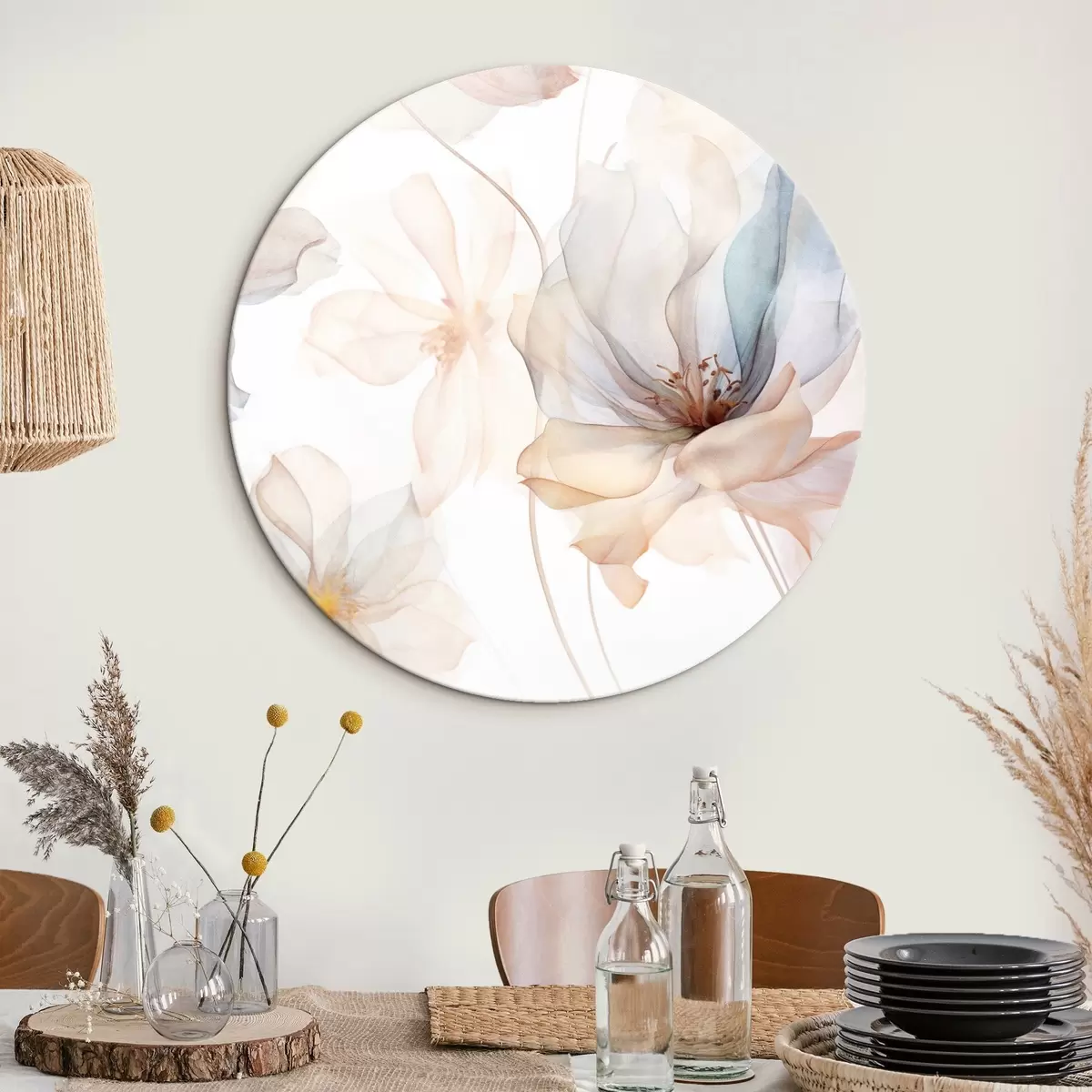 Picturi rotunde Flori translucide texturate în culori pastelate, petale delicate, linii delicate pe un fundal alb r44855