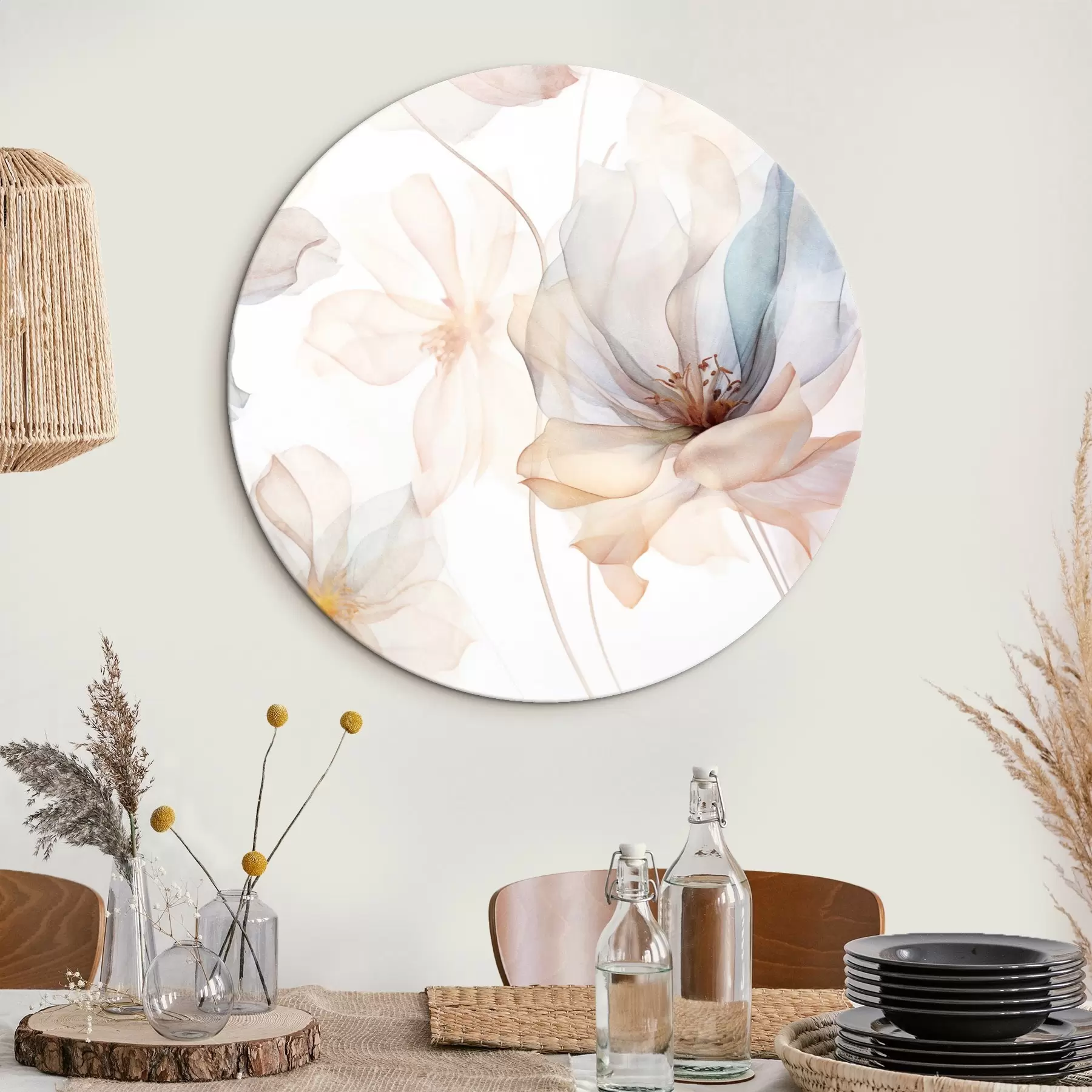 Tablouri Flori translucide texturate în culori pastelate, petale delicate, linii delicate pe un fundal alb r44855