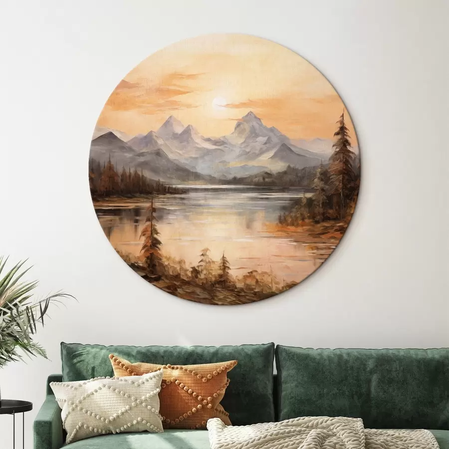 Tablouri Peisaj cu un lac înconjurat de copaci și munți în fundal, cer portocaliu cu soare r44857