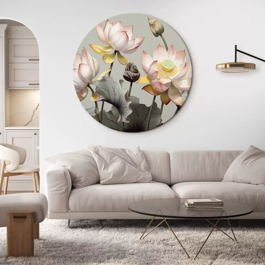 Tablouri Flori de lotus cu petale pastelate și frunze verzi, într-o paletă de culori atenuate, pe un fundal simplu r44862