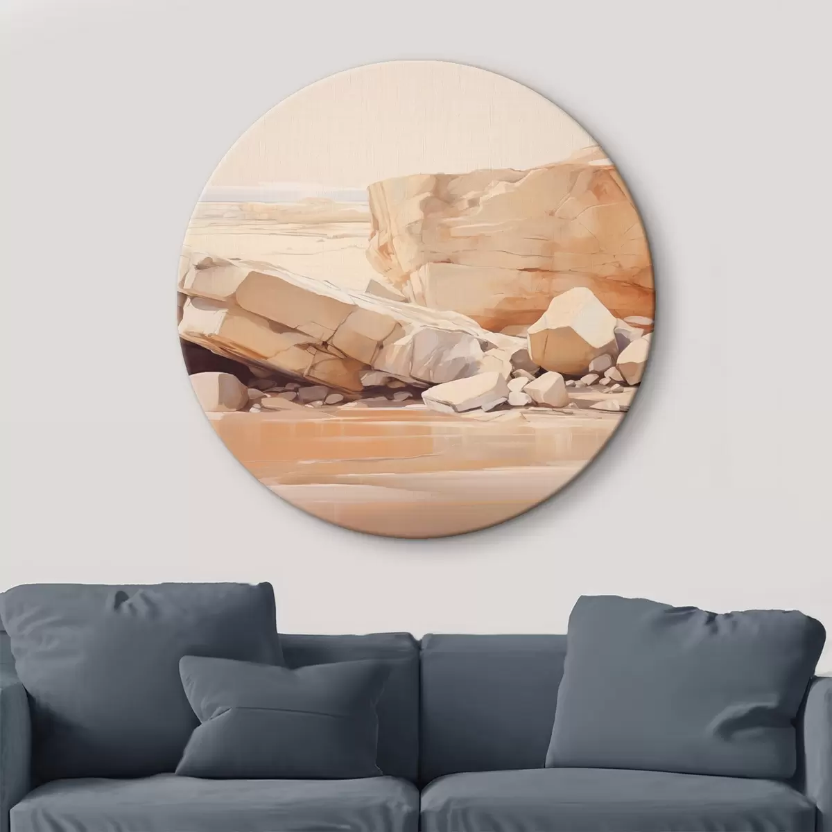 Picturi rotunde Peisaj minimalist de plajă stâncoasă cu bolovani mari maro deschis și apă limpede r44865