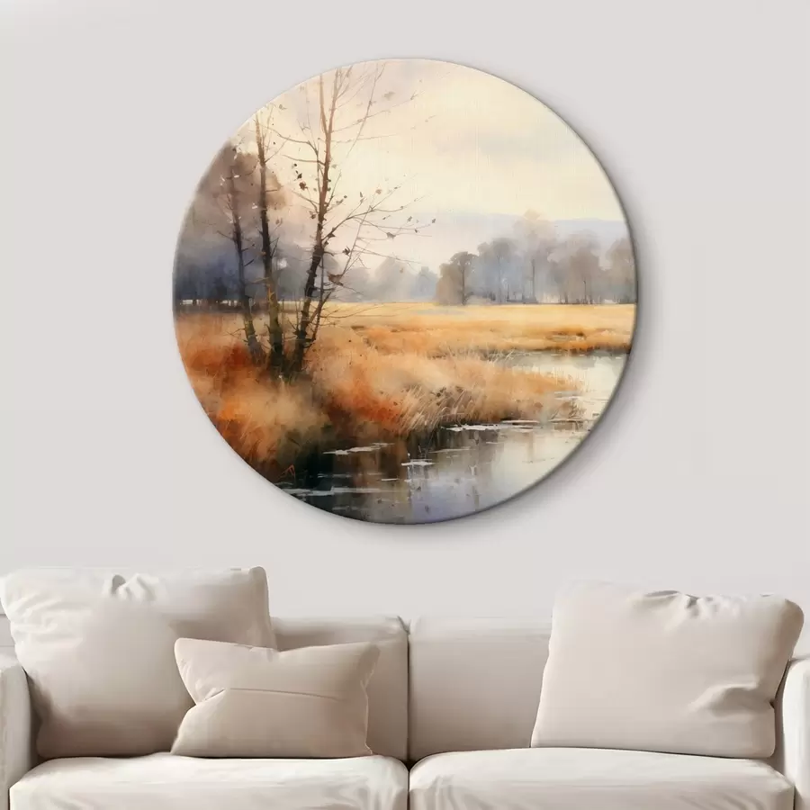 Tablouri Un peisaj liniștit texturat pictura imitație de stuf și copaci goi, apa calmă sub un cer r44867