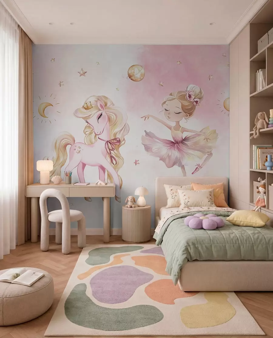 fototapet Unicorn și balerină într-un basm roz, poveste pentru copii w04196