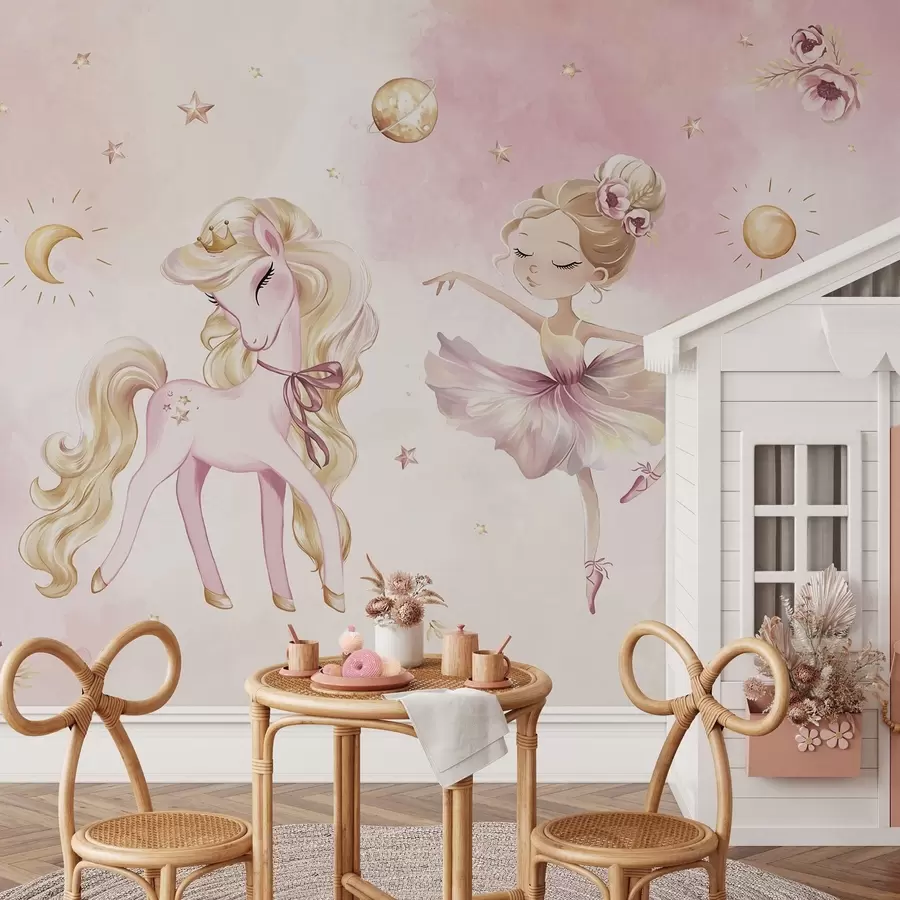 fototapet Unicorn și balerină într-un basm roz, poveste pentru copii w04196