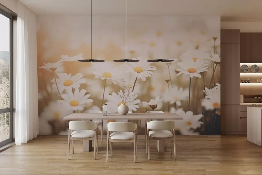 fototapet Margarete sălbatice pe un fundal luminos cu efect de focalizare moale w04161