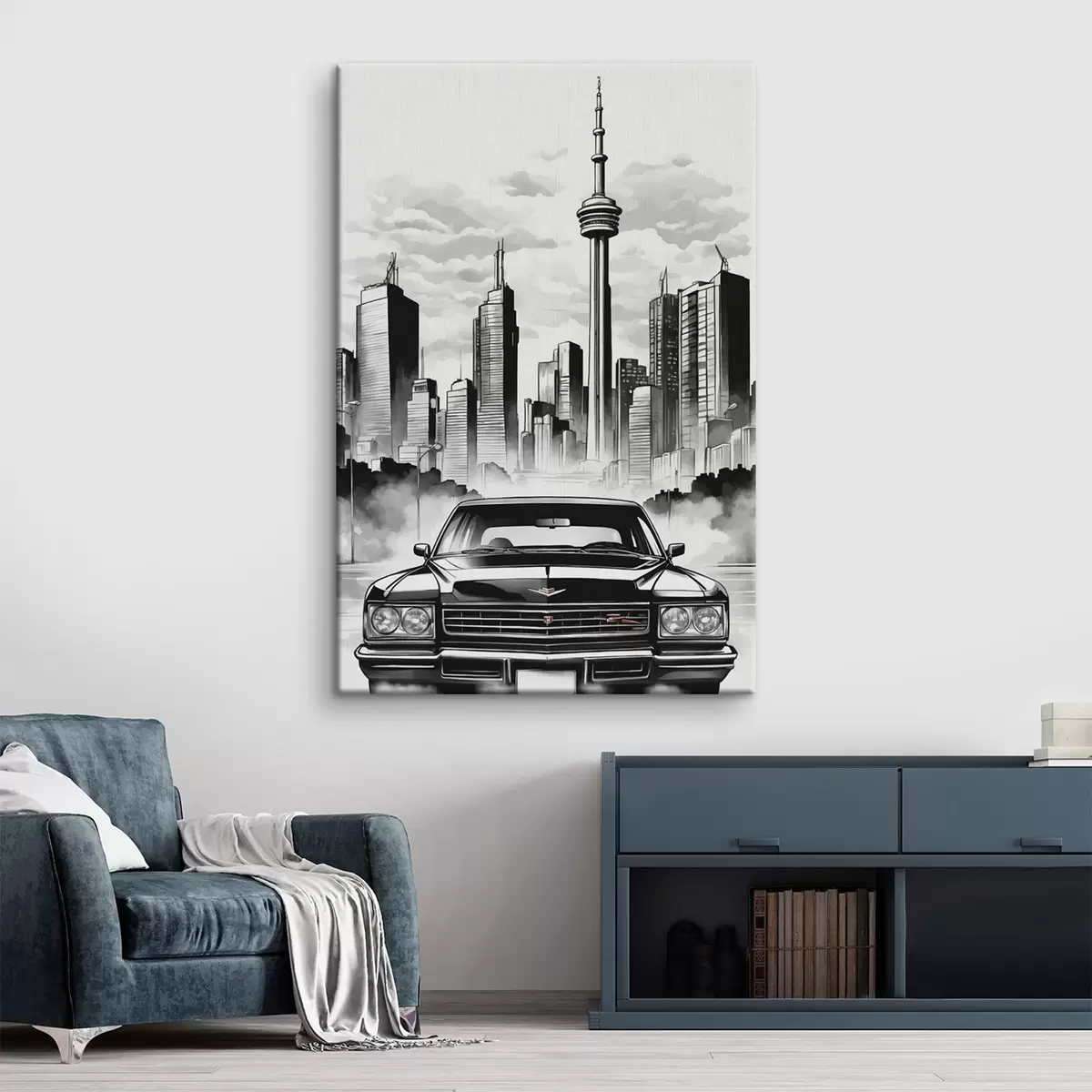Tablouri Retro masina pe fundal de oraș monocrom cu zgârie-nori s44871