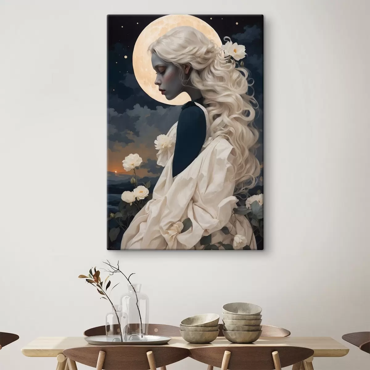 Tablouri Portret de fată cu păr alb și lună plină s44887