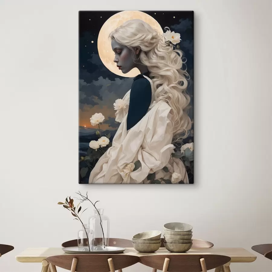 Tablouri Portret de fată cu păr alb și lună plină s44887