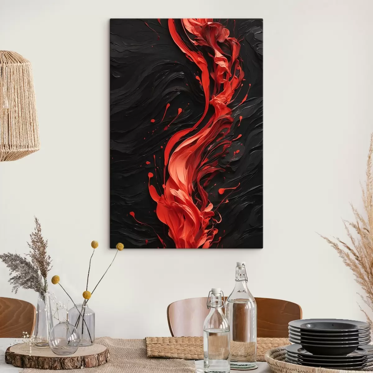 Tablouri Flux de vopsea roșie pe fundal abstract negru s44889