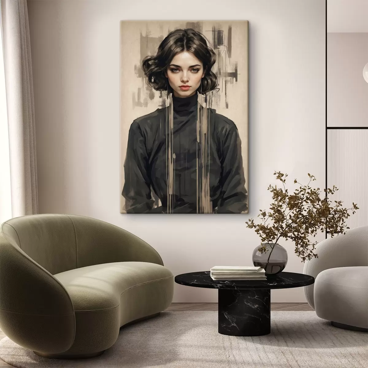 Tablouri Portret de femeie cu păr negru scurt pe fundal abstract s44890