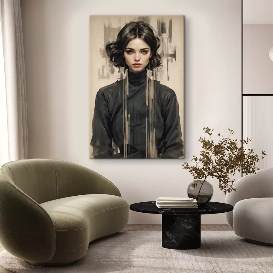 Tablouri Portret de femeie cu păr negru scurt pe fundal abstract s44890