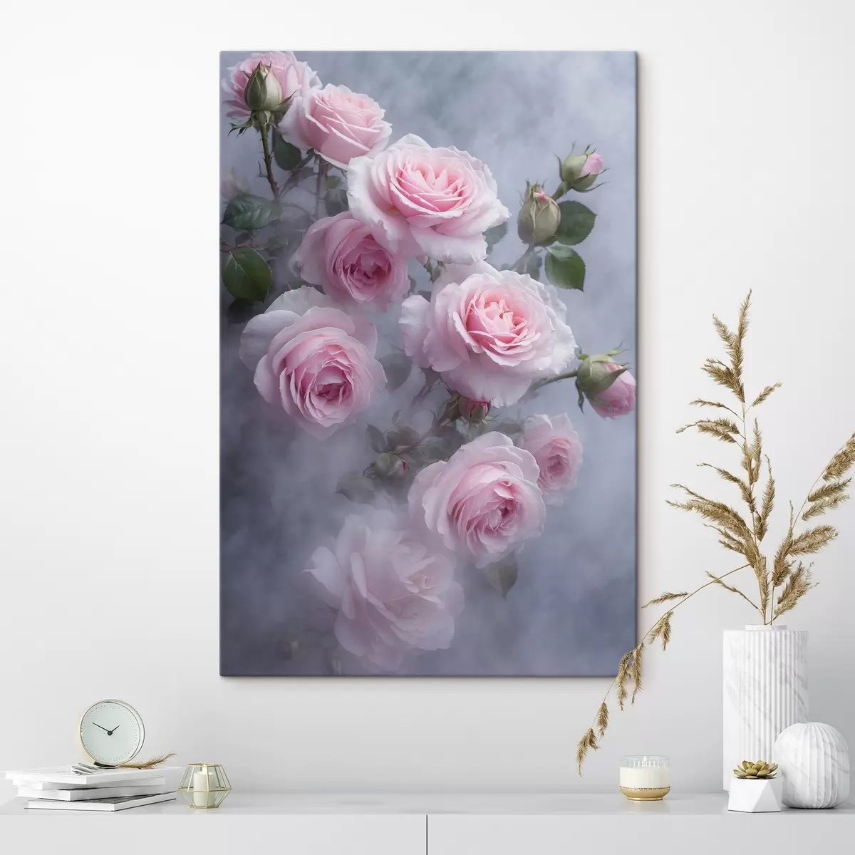 Tablouri Trandafiri roz moale în ceață cu frunze verzi s44892