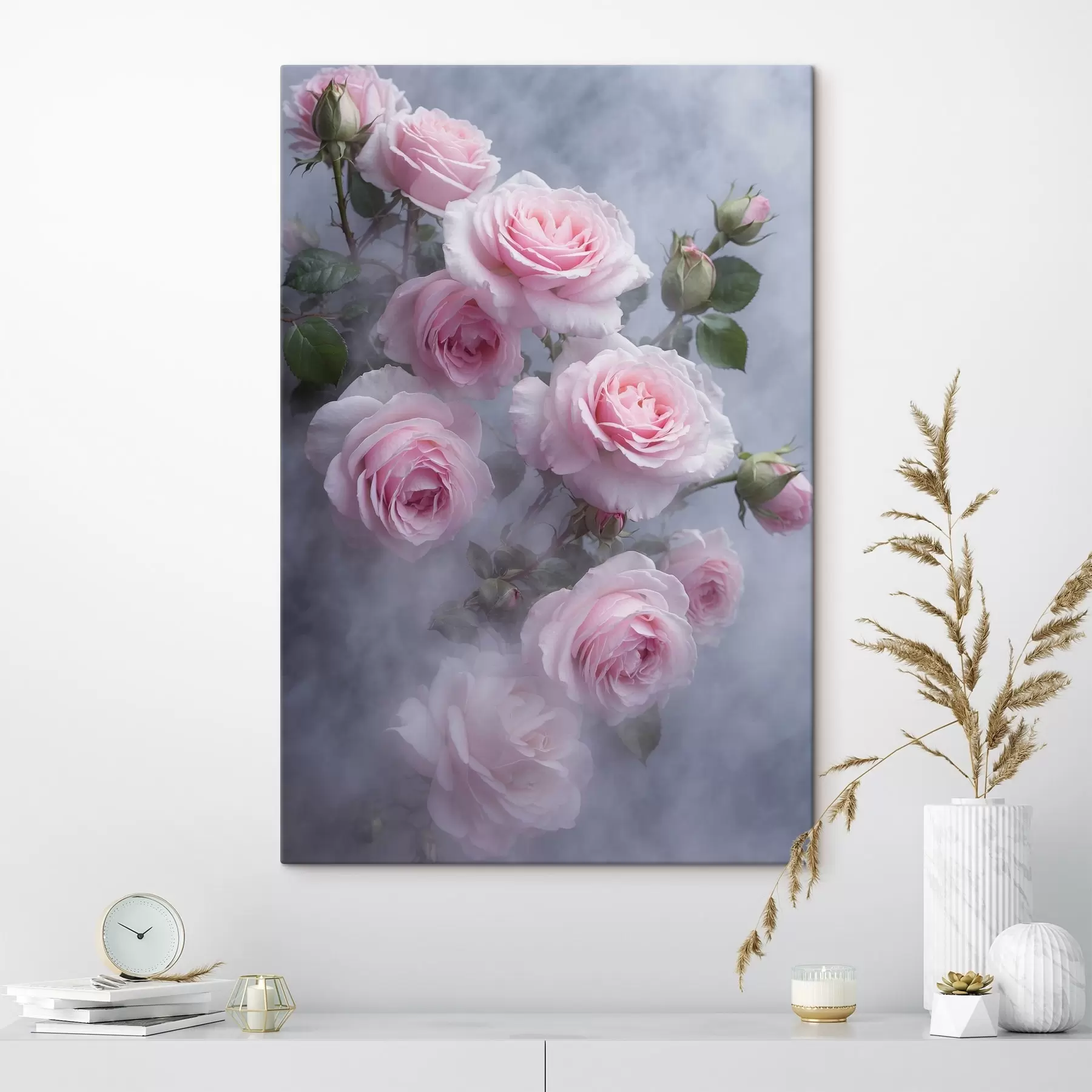 fototapet Trandafiri roz moale în ceață cu frunze verzi s44892