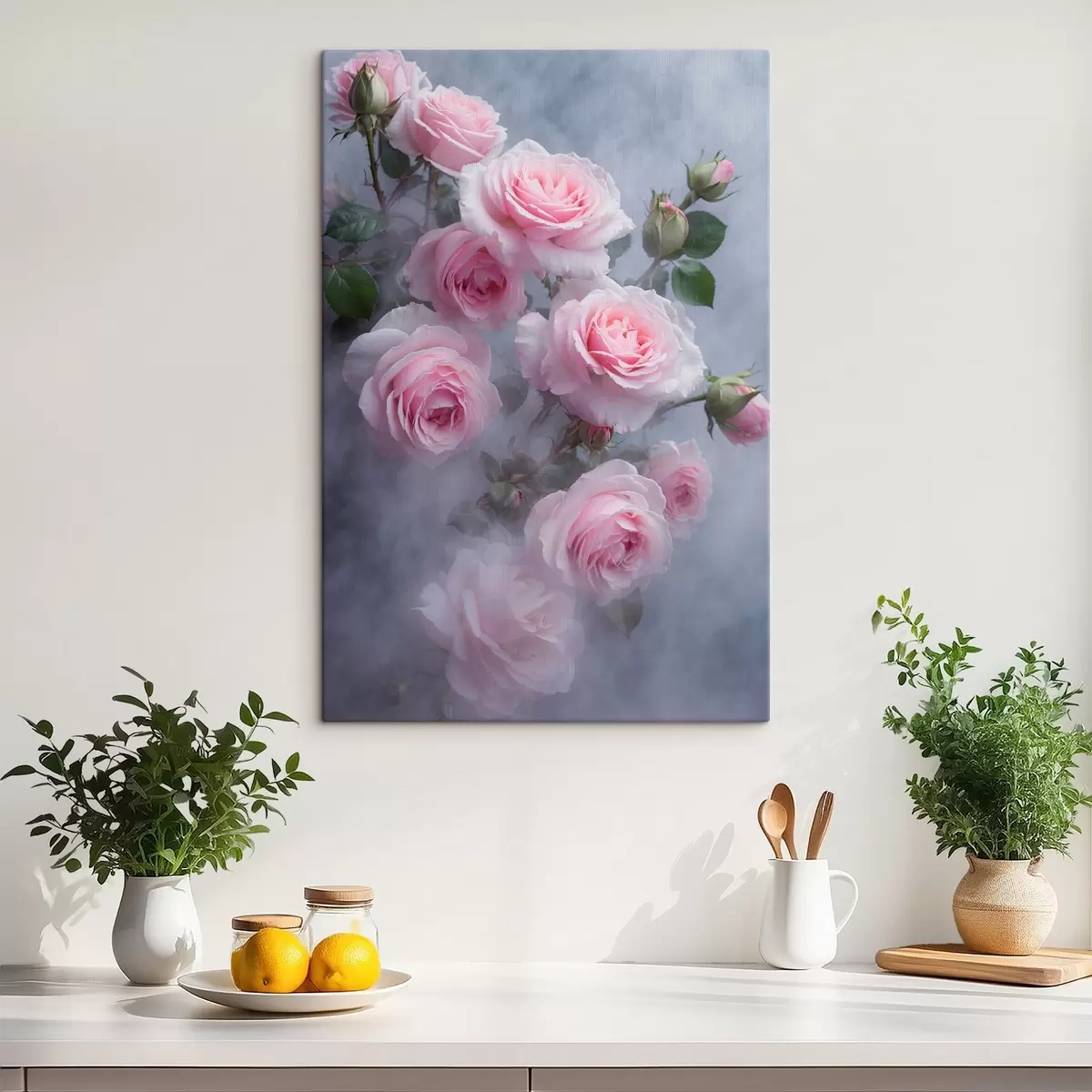 Tablouri Trandafiri roz moale în ceață cu frunze verzi s44892