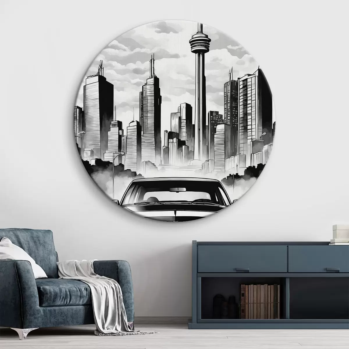 Picturi rotunde Retro masina pe fundal de oraș monocrom cu zgârie-nori r44871