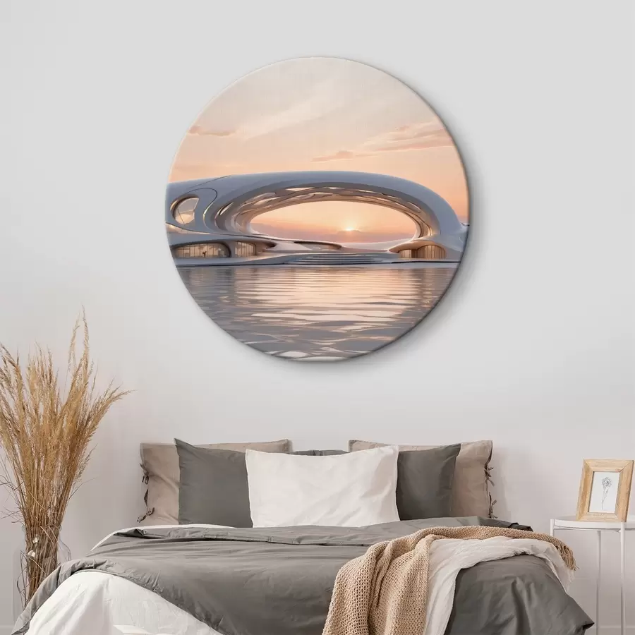 Tablouri Clădire futuristă pe apă împotriva unui apus de soare roz r44884