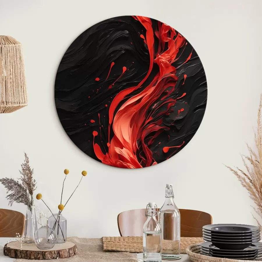 Tablouri Flux de vopsea roșie pe fundal abstract negru r44889