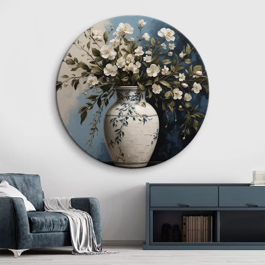 Tablouri Flori albe și galbene într-o vază mare pe un fundal albastru r44893