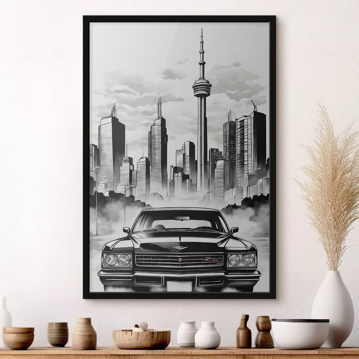 Poster Retro masina pe fundal de oraș monocrom cu zgârie-nori f44871