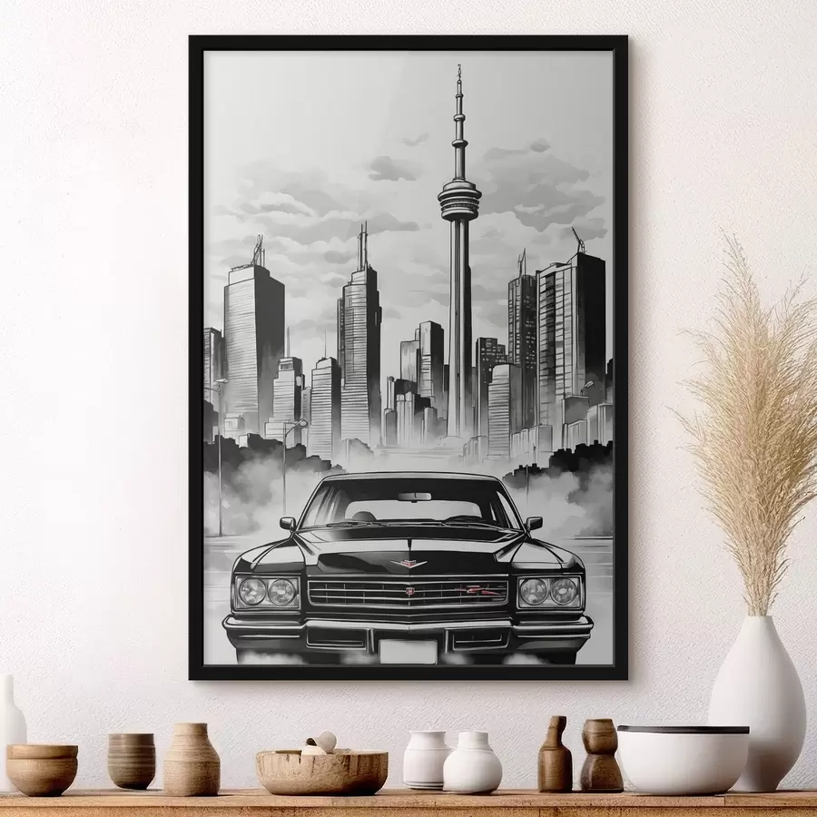 fototapet Retro masina pe fundal de oraș monocrom cu zgârie-nori f44871