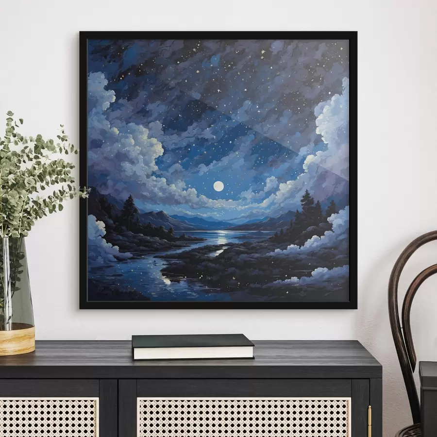 fototapet Cer de noapte cu lună și stele peste peisajul montan f44872