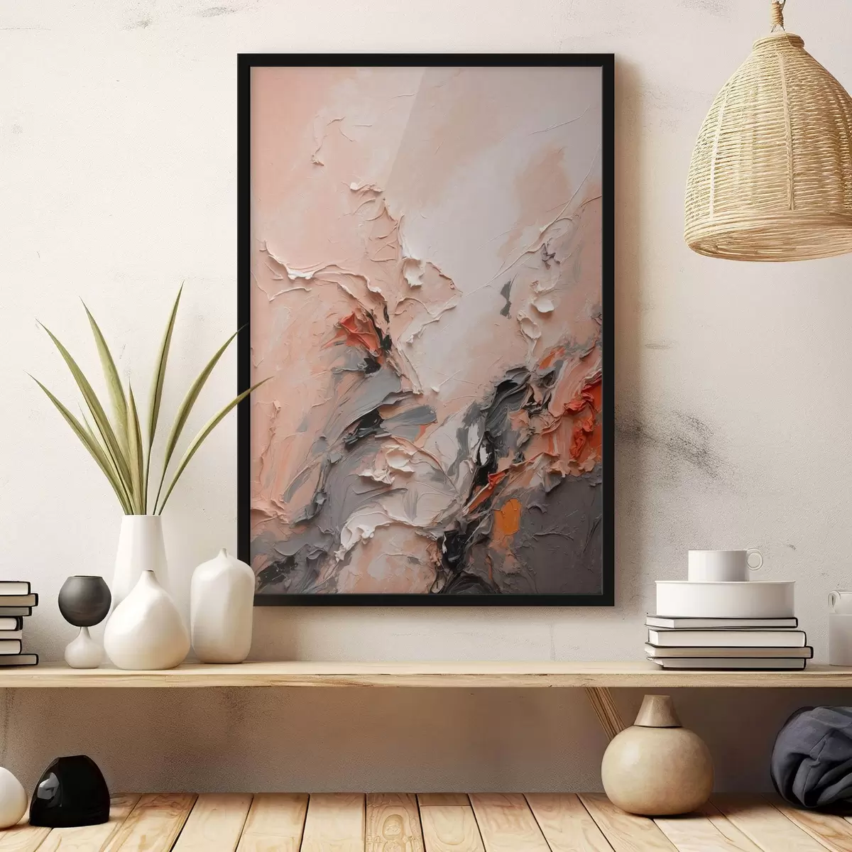 Poster Abstract în tonuri de gri piersică cu tușe texturate f44873