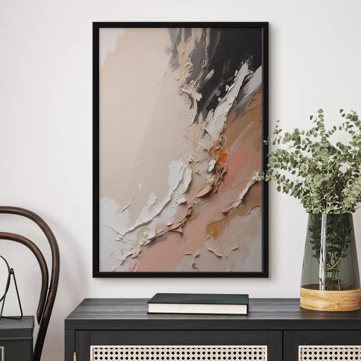 Poster Abstracție bej și negru cu accente de roz și alb f44875