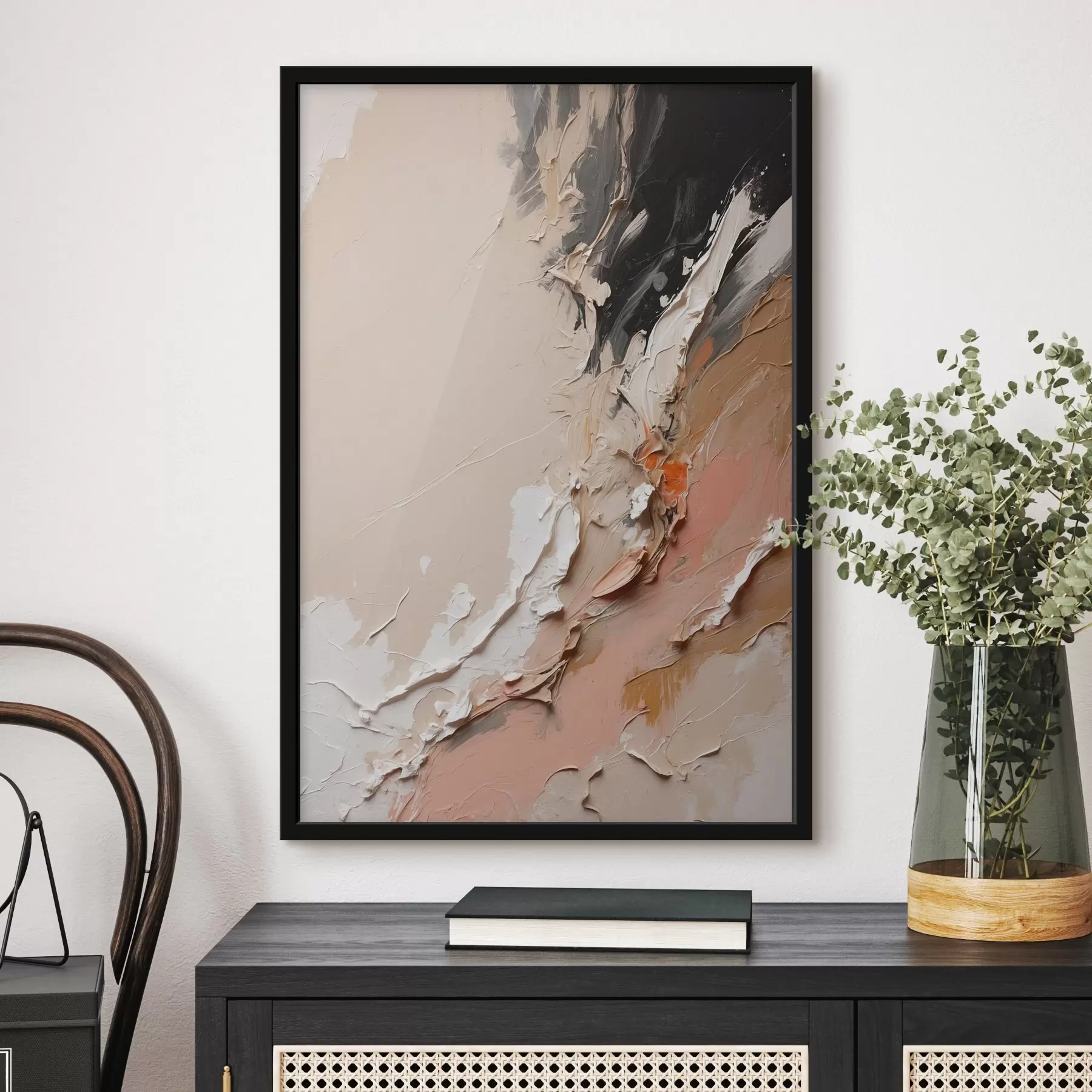 Tablouri Abstracție bej și negru cu accente de roz și alb f44875