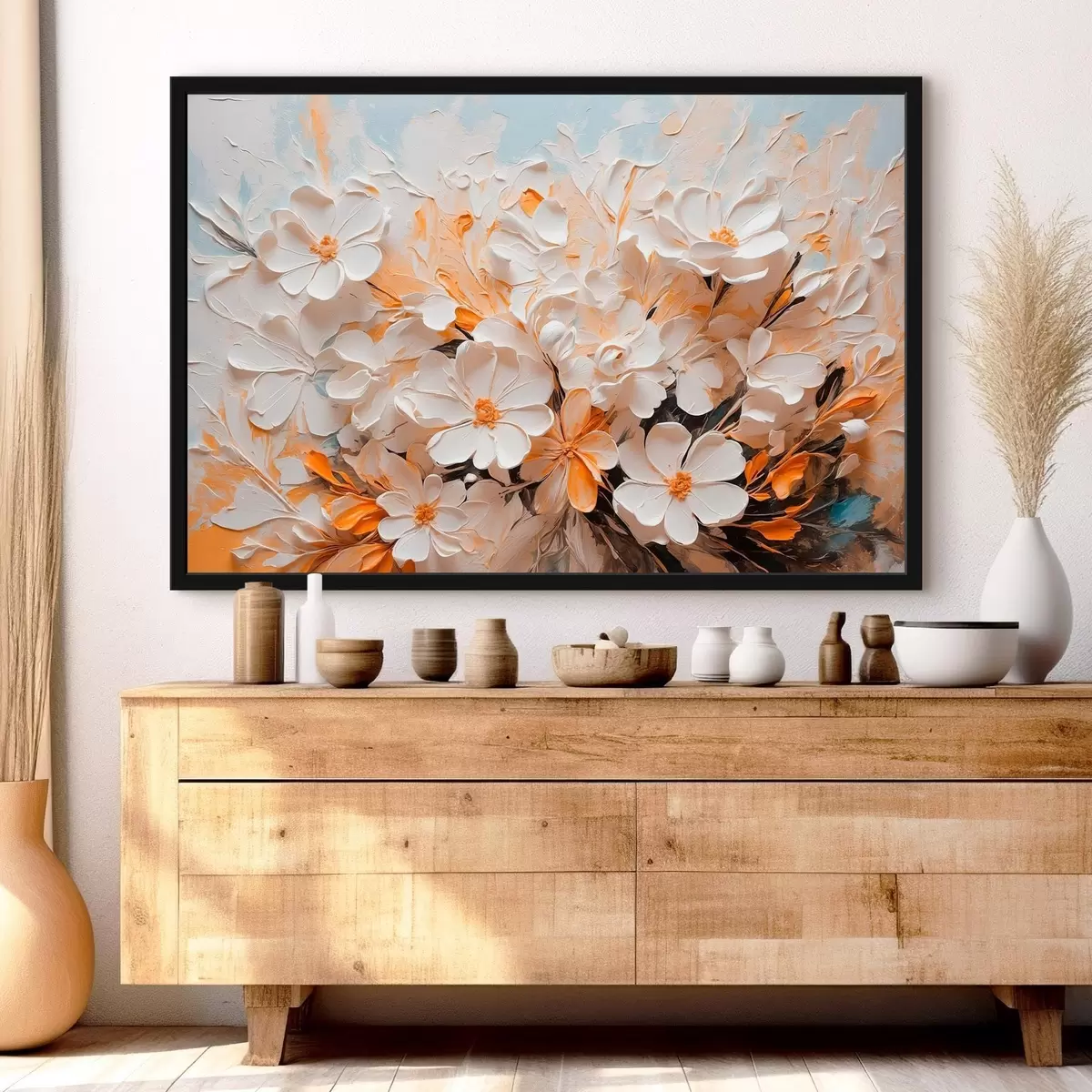 Poster Flori albe și piersici pe un fundal albastru cu pasteluri f44879