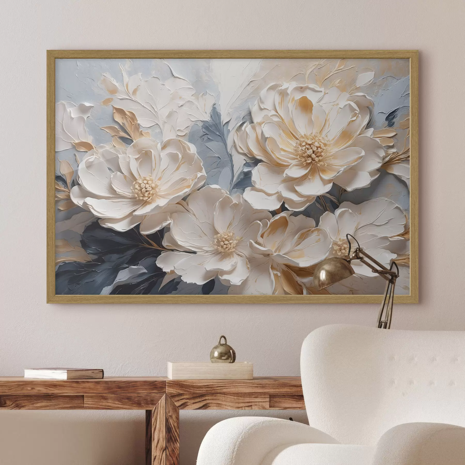 fototapet Volumetric cremă bujori pe un fundal albastru deschis f44880