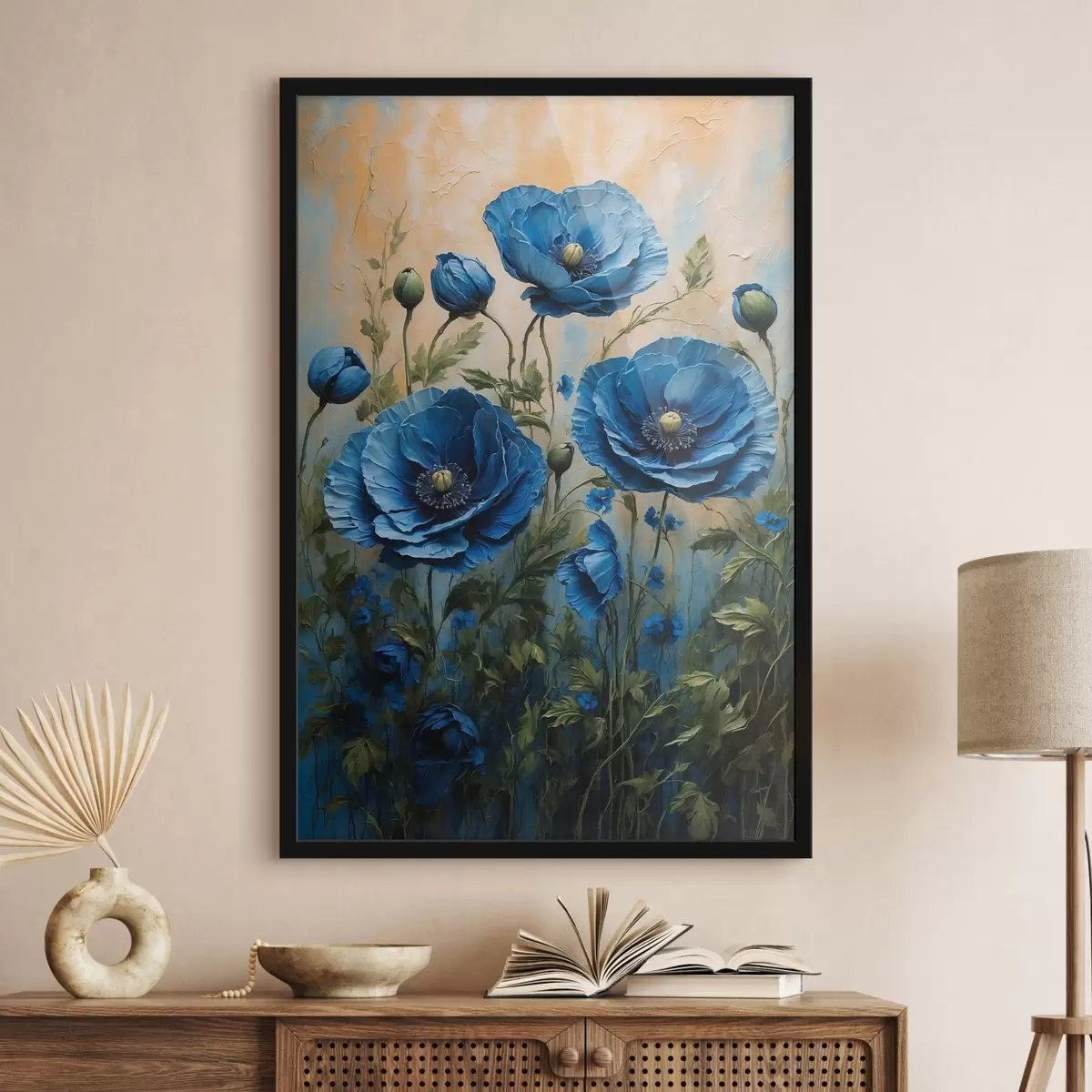 Poster Poppies albastru pe un fundal pastel cu frunze f44882