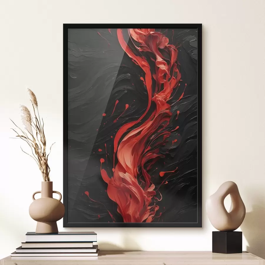 fototapet Flux de vopsea roșie pe fundal abstract negru f44889