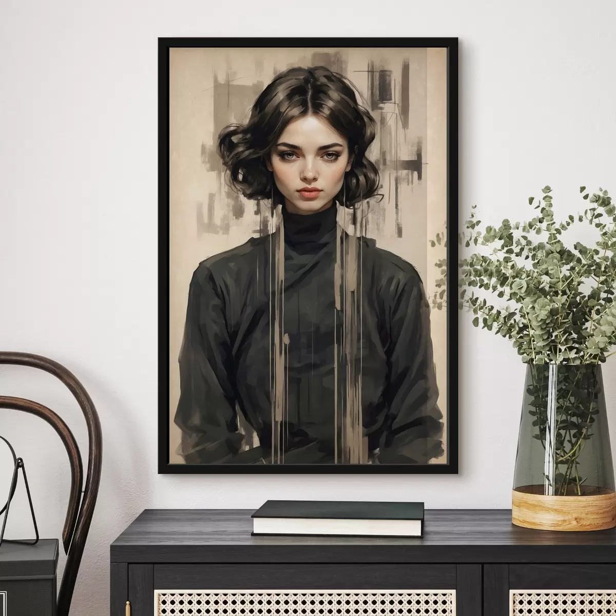 Poster Portret de femeie cu păr negru scurt pe fundal abstract f44890