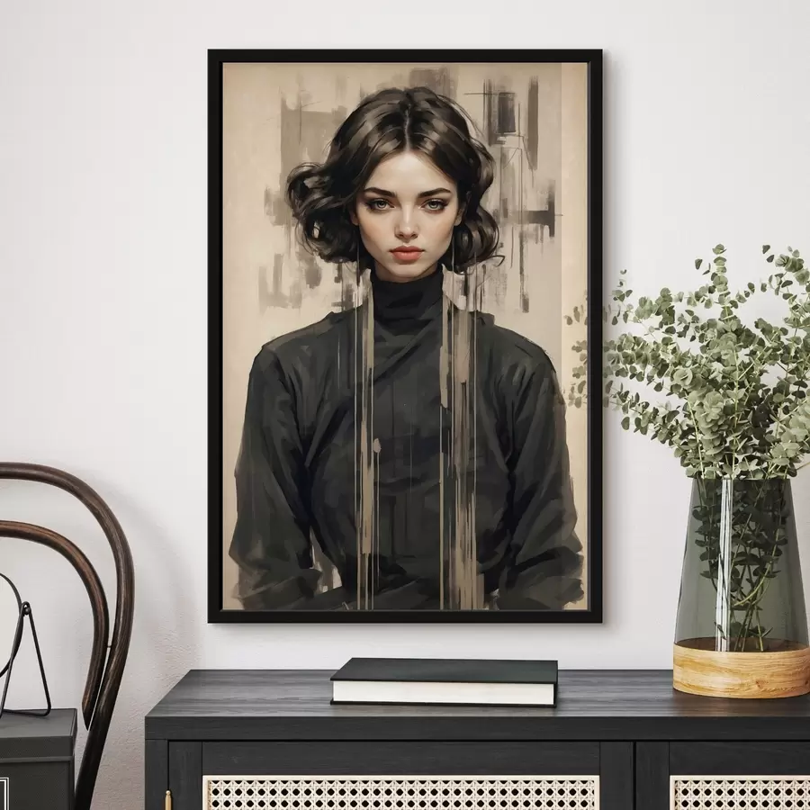 fototapet Portret de femeie cu păr negru scurt pe fundal abstract f44890