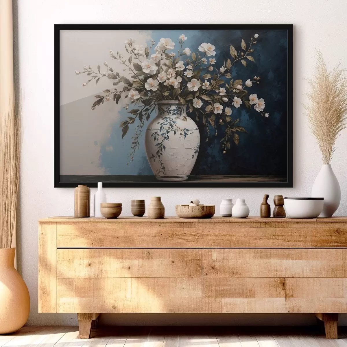 Poster Flori albe și galbene într-o vază mare pe un fundal albastru f44893