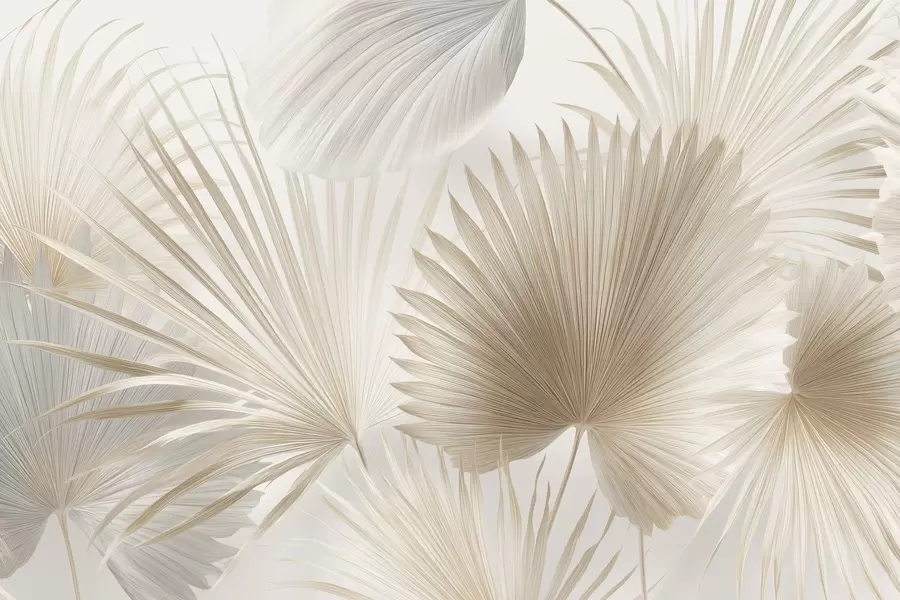 fototapet Ventilatoare moi cu frunze tropicale în tonuri de bej deschis și bleumarin w09084