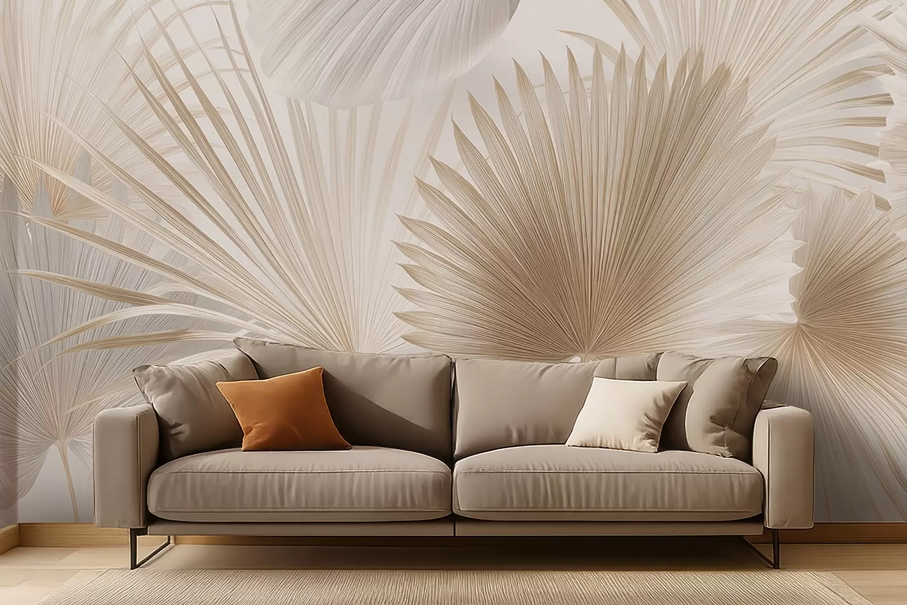 fototapet Ventilatoare moi cu frunze tropicale în tonuri de bej deschis și bleumarin w09084