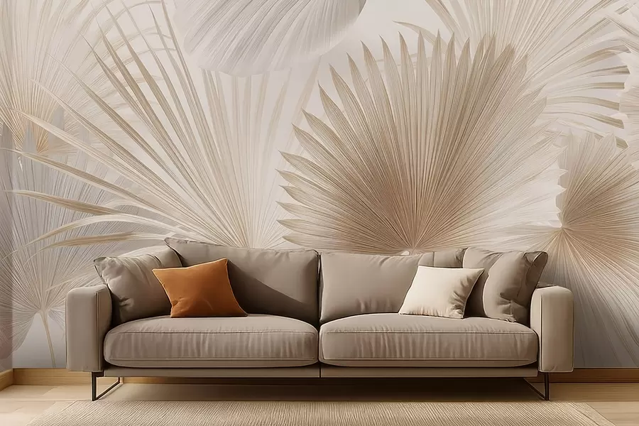 fototapet Ventilatoare moi cu frunze tropicale în tonuri de bej deschis și bleumarin w09084