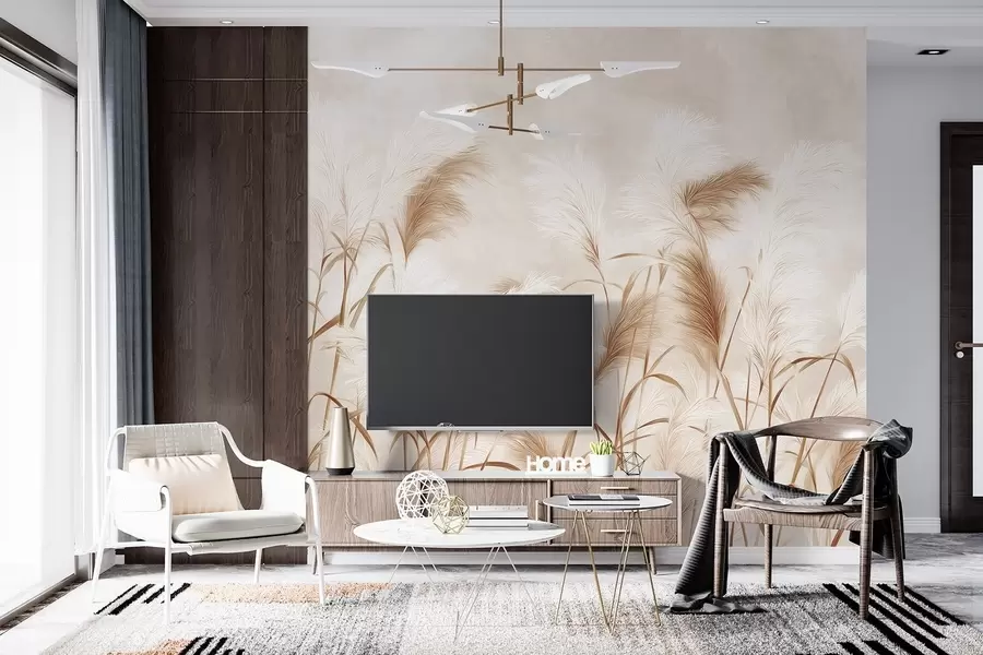 fototapet Iarba de pampas elegantă înflorește în tonuri moi de bej și lăptos w09150v1