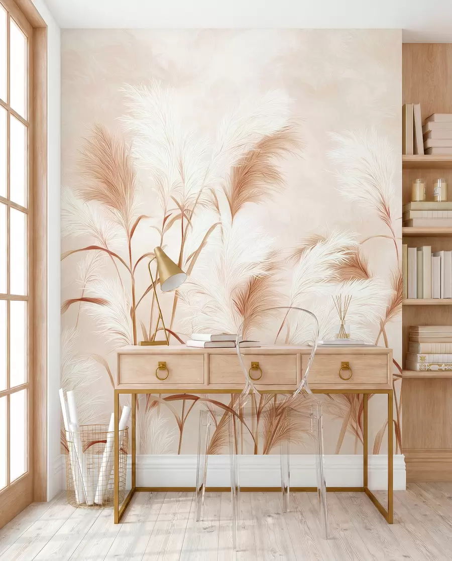 fototapet Iarba de pampas elegantă înflorește în tonuri moi de bej și lăptos w09150v1