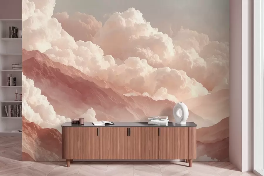 fototapet Răsărit de soare cald peste munți cu nori pufoși w09226