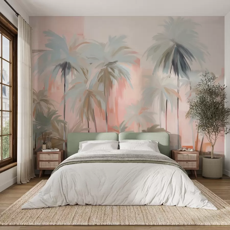 fototapet Abstract minimalist pastel palmieri tropicali, pe un fundal de nuanțe moi de roz și piersică w09212